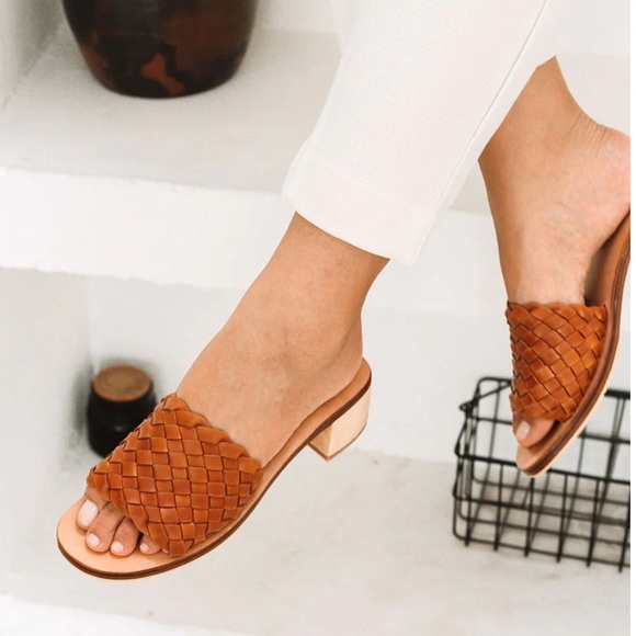 LIBERTÉ Santorini Leather Woven Cognac Mules Heeled Open Toe Sandals - Picture 2 of 14